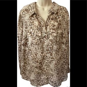 Roz Ali 1X Button Down Blouse Beige Brown Animal Print Long Sleeve Collared